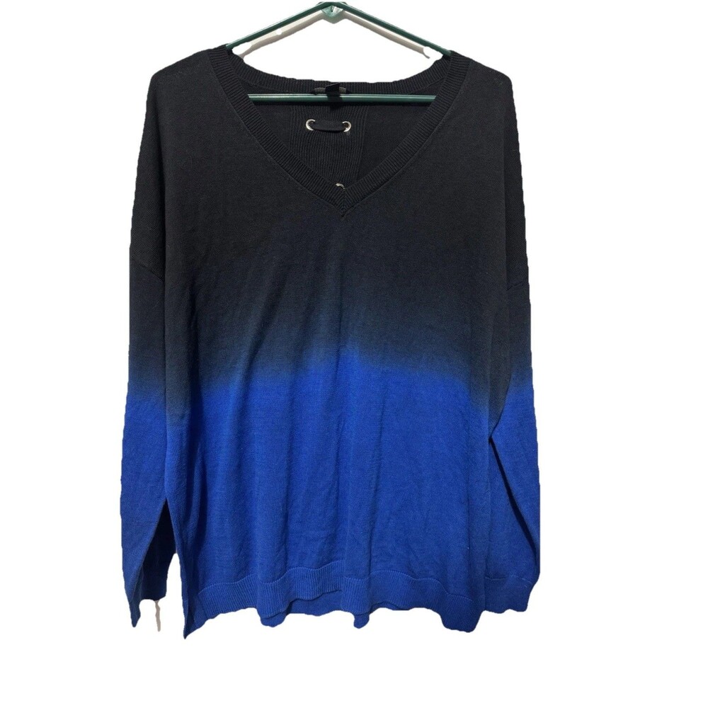Rock & Republic Blue And Black V-Neck Sweater Lace-Up Back Pullover Knit XXL